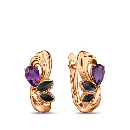 Золотые серьги с аметистами и алмазной гранью с родированием