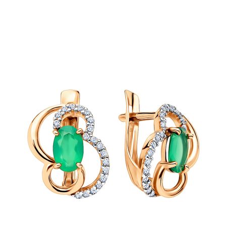 Золотые серьги с агатами и фианитами с родированием