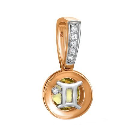 Золотая подвеска с хризолитом и фианитами с родированием со знаком зодиака Близнецы