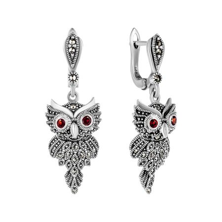 Серебряные серьги с марказитами и гранатом с чернением