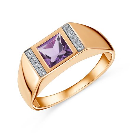 Золотая печатка с аметистом и фианитами с родированием