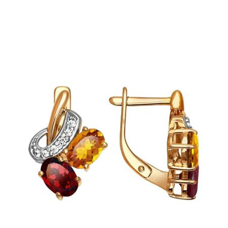 Золотые серьги с гранатом и цитринами с фианитами с родированием