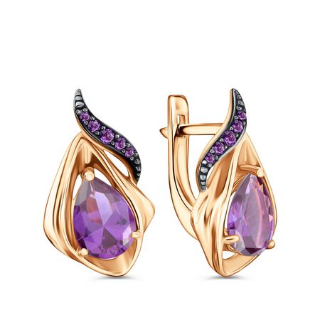 Золотые серьги с аметистами и фианитами с черным родированием