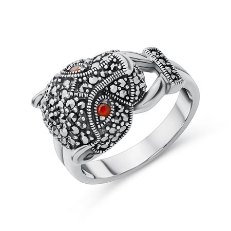 Серебряное кольцо с марказитами и гранатом с чернением