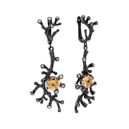 Серебряные серьги с кварцем и фианитами с родированием