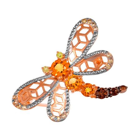 Золотая брошь Стрекоза с цитринами и хризолитами с раухтопазами