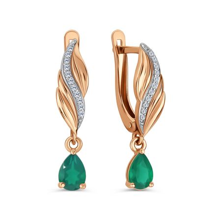 Золотые серьги с зелеными агатами и фианитами