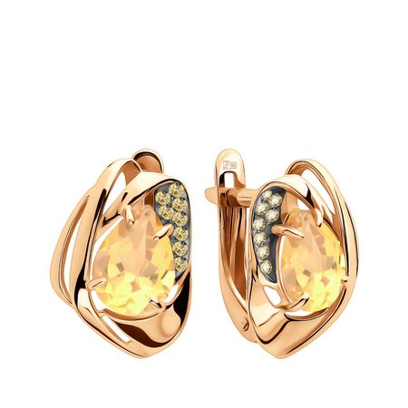 Золотые серьги с цитринами и фианитами с родированием