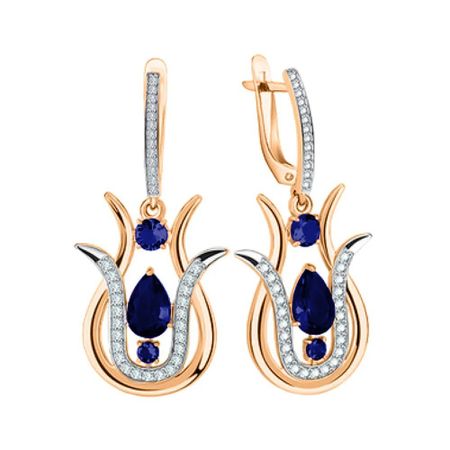 Золотые серьги с кристаллами и фианитами с родированием