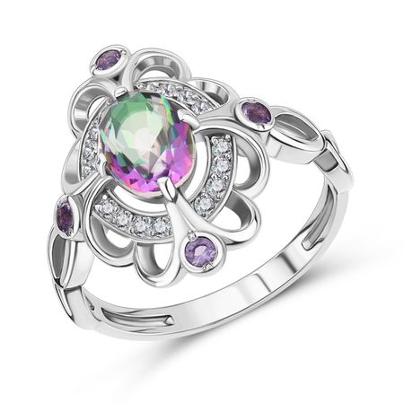 Серебряное кольцо с мистиком, аметистами и фианитами