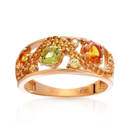 Золотое кольцо с цитринами, хризолитами и со шпинелью нано