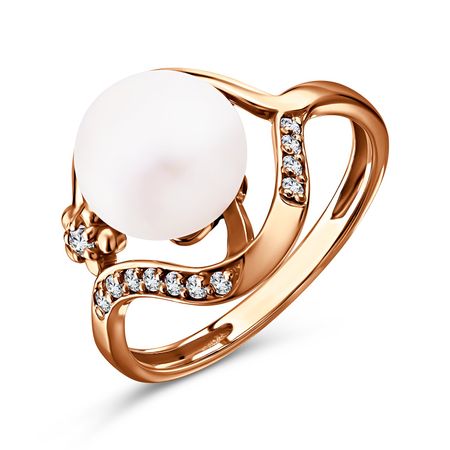 Серебряное кольцо с жемчугом и фианитами с позолотой