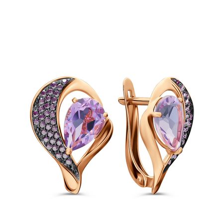 Золотые серьги с аметистами и фианитами с черным родированием