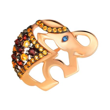 Золотая брошь Слон с цитринами и гранатом с сапфиром и черным родированием