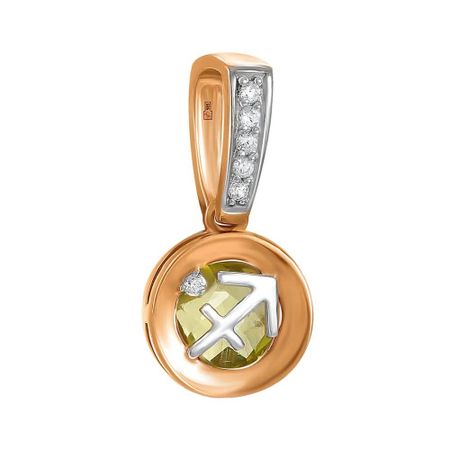 Золотая подвеска с хризолитом и фианитами с родированием со знаком зодиака Стрелец
