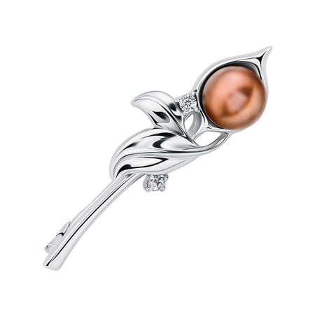 Серебряная брошь с жемчугом и фианитами