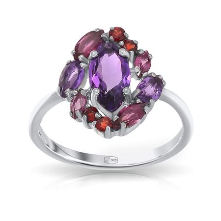 Серебряное кольцо с аметистами и гранатом с родолитами
