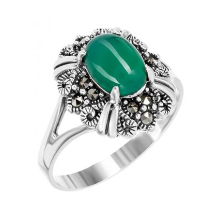 Серебряное кольцо с марказитами и хризопразом с чернением