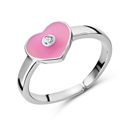 Серебряное детское кольцо Сердце с эмалью и фианитом с родированием