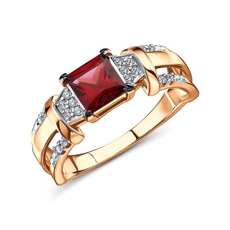 Золотое кольцо с родолитом и фианитами