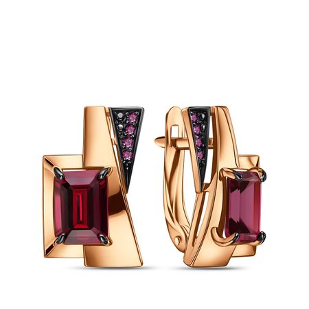 Золотые серьги с родолитами и фианитами