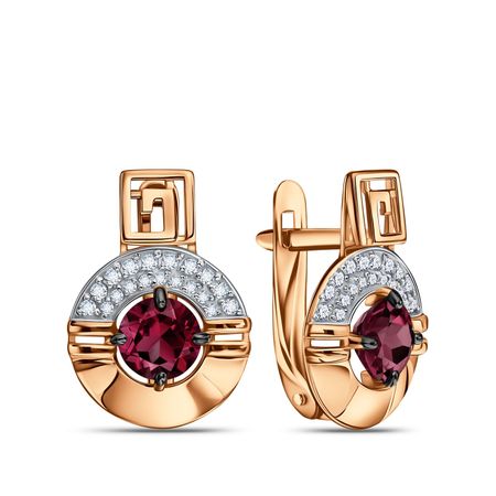 Золотые серьги с родолитами и фианитами
