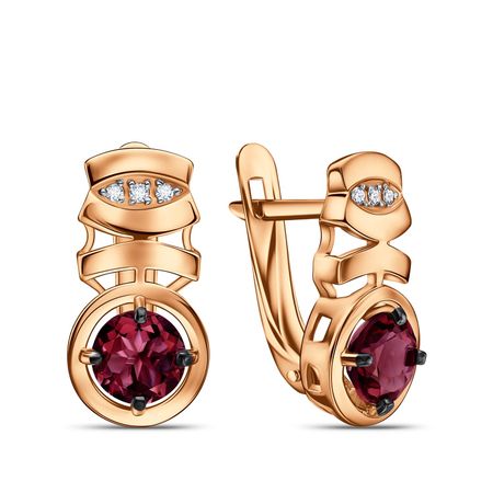 Золотые серьги с родолитами и фианитами