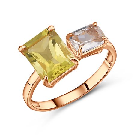 Золотое кольцо с кварцем лимонным и горным хрусталем