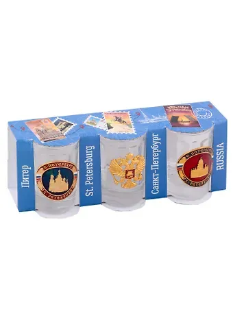 Сувенир, АКМ, Набор стопок Виды СПБ с мет.знач 3шт., стекло CT-M-01-3