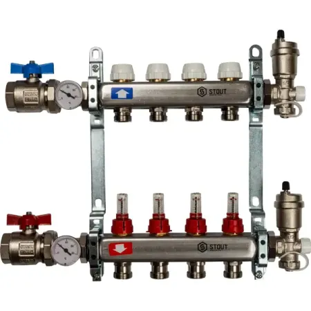 Коллекторная группа с расходомером Stout на 4 выхода 3/4