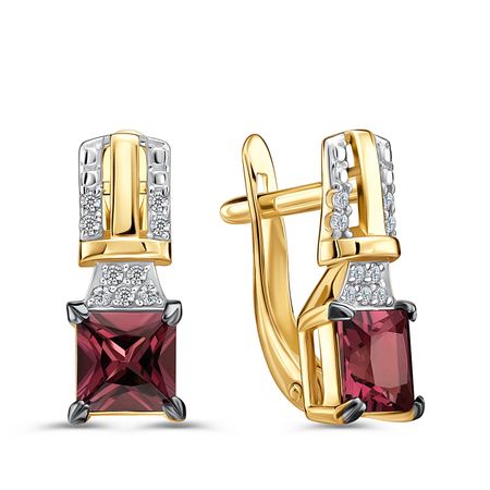 Золотые серьги с родолитами и фианитами