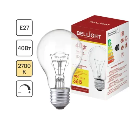 Лампа накаливания Bellight E27 36 В 40 Вт груша 545 лм цвет света желтый для диммера индикаторная лампа dianqi вращающаяся 180° красный желтый 24в 12в 220в