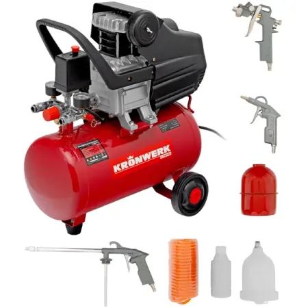 Компрессор поршневой масляный Kronwerk L24/210, 24 л 210 л/мин, с набором аксессуаров
