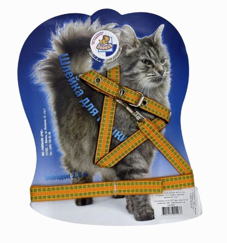 Ошейники, шлейки Зооник Шлейка-стропа с поводком для кошек, оранжево-зеленая (1.5 м)