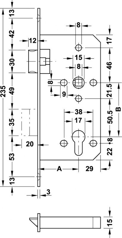 Hafele Замок врезнойPZ, латунь полир, 55/20 911.02.144