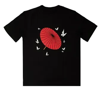 Футболка Аниме Японский зонтик и бабочки (черная) (текстиль) (размер ONE SIZE)