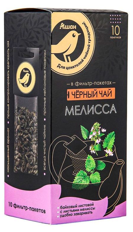 Чай черный в фильтрах АШАН Золотая птица с мелиссой для чайника, 10 шт х 5 г