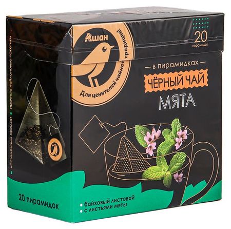 Чай черный АШАН Золотая птица с мятой в пирамидках, 20 шт х 2 г