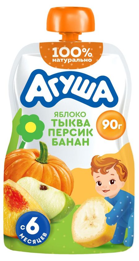 Пюре фруктово-овощное Агуша яблоко-тыква-персик-банан с 6 мес., 90 г