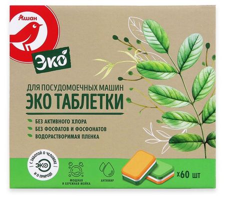 Таблетки для посудомоечных машин АШАН Красная птица ЭКО без фосфатов и хлора, 60 шт