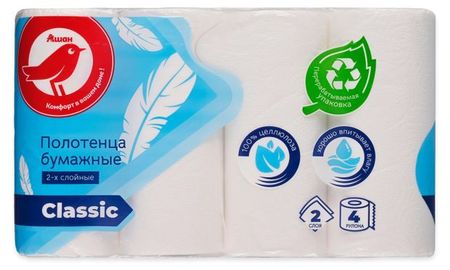 Полотенца бумажные АШАН Красная птица 2-х слойные, 4 рулона