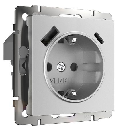 Розетка Werkel встраиваемая серебряная матовая со шторками с USB-A/ Type-C (a063618)