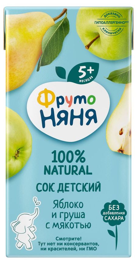 Сок ФрутоНяня яблочно-грушевый с мякотью без сахара с 5 месяцев, 200 мл