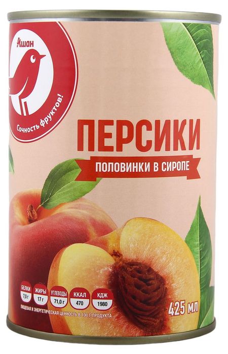 Персики консервированные АШАН Красная птица половинки в сиропе Китай, 425 мл