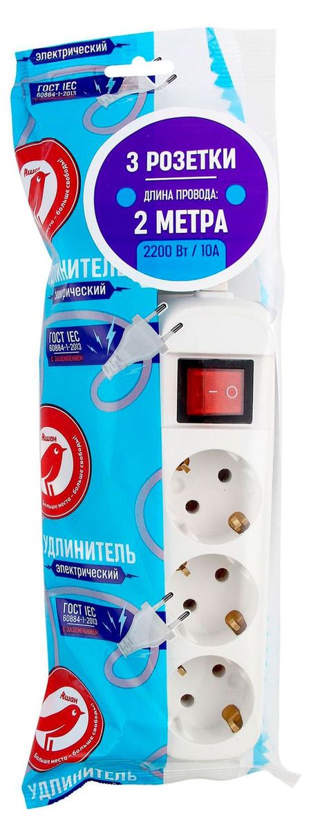 Удлинитель АШАН Красная птица с кнопкой 3 гнезда с заземлением 10А, 2 м