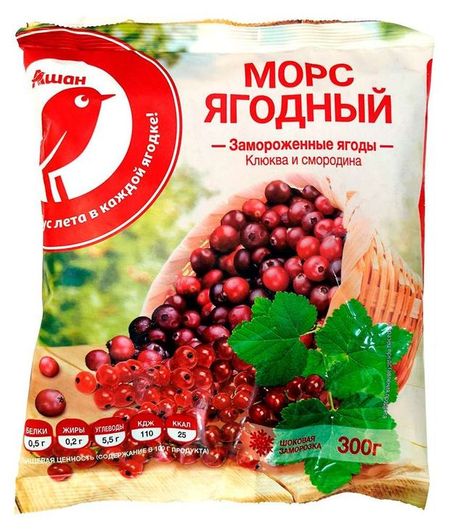 Ягодная смесь Морс ягодный АШАН Красная птица Клюква Красная смородина замороженные, 300 г