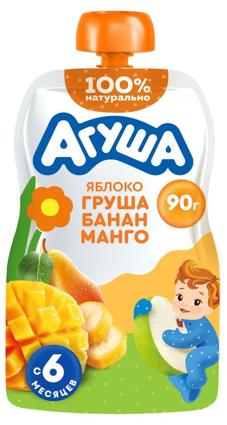 Пюре фруктовое Агуша яблоко-груша-банан-манго с 6 мес., 90 г