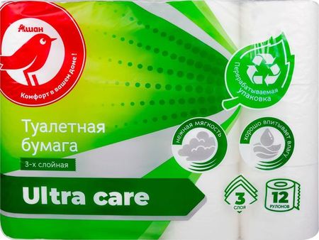 Туалетная бумага АШАН Красная птица белая, 3 слоя, 12 рулонов