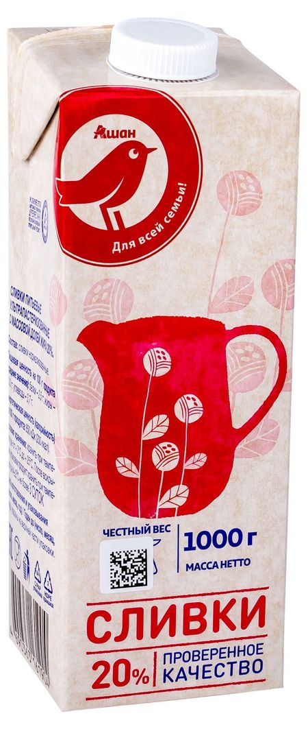 Сливки ультрапастеризованные стерилизованные питьевые АШАН Красная Птица нормализованные 20% ГОСТ БЗМЖ, 1000 г