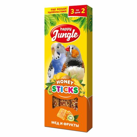 Лакомства Happy Jungle Палочки для птиц мед и фрукты 3 шт 90 гр (90 г)